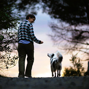 Morgane et son berger australien marchant au crépuscule de dos, il partage un regard complice.